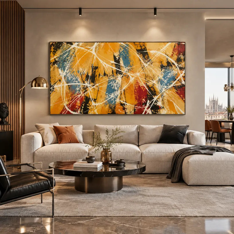 Abstract Expressionist abstract oil painting showing warm orange and ochre energy with white linear marks in a orange palette, contemporary wall art.