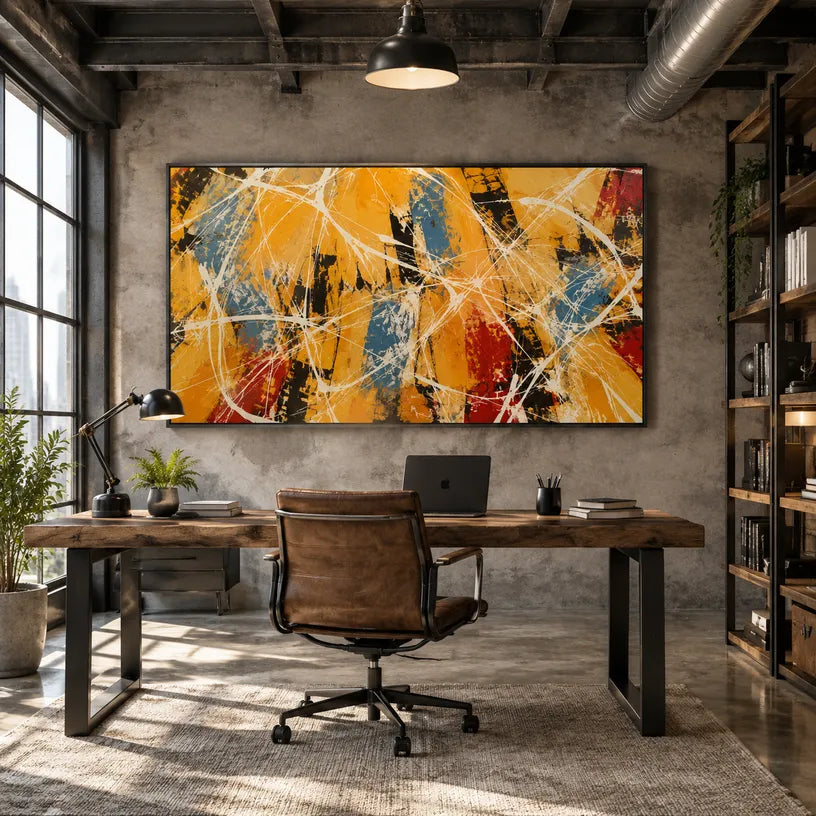Abstract Expressionist abstract oil painting showing warm orange and ochre energy with white linear marks in a orange palette, contemporary wall art.