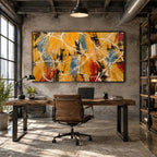 Abstract Expressionist abstract oil painting showing warm orange and ochre energy with white linear marks in a orange palette, contemporary wall art.