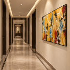 Abstract Expressionist abstract oil painting showing warm orange and ochre energy with white linear marks in a orange palette, contemporary wall art.