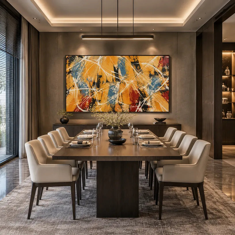 Abstract Expressionist abstract oil painting showing warm orange and ochre energy with white linear marks in a orange palette, contemporary wall art.