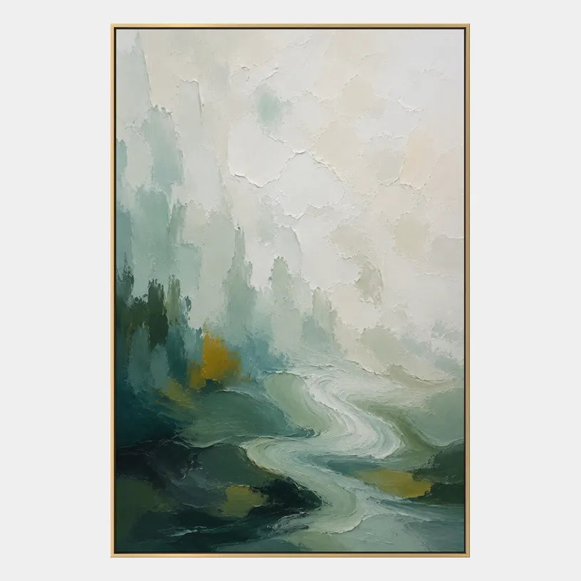Abstract Expressionist landscapes & seascapes & cityscapes oil painting showing a painterly landscape with distant hills, trees or reflective water in a grey palette.