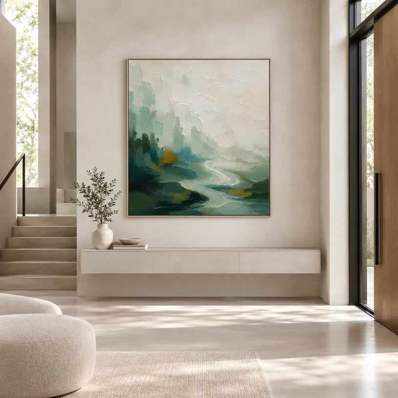 Abstract Expressionist landscapes & seascapes & cityscapes oil painting showing a painterly landscape with distant hills, trees or reflective water in a grey palette.