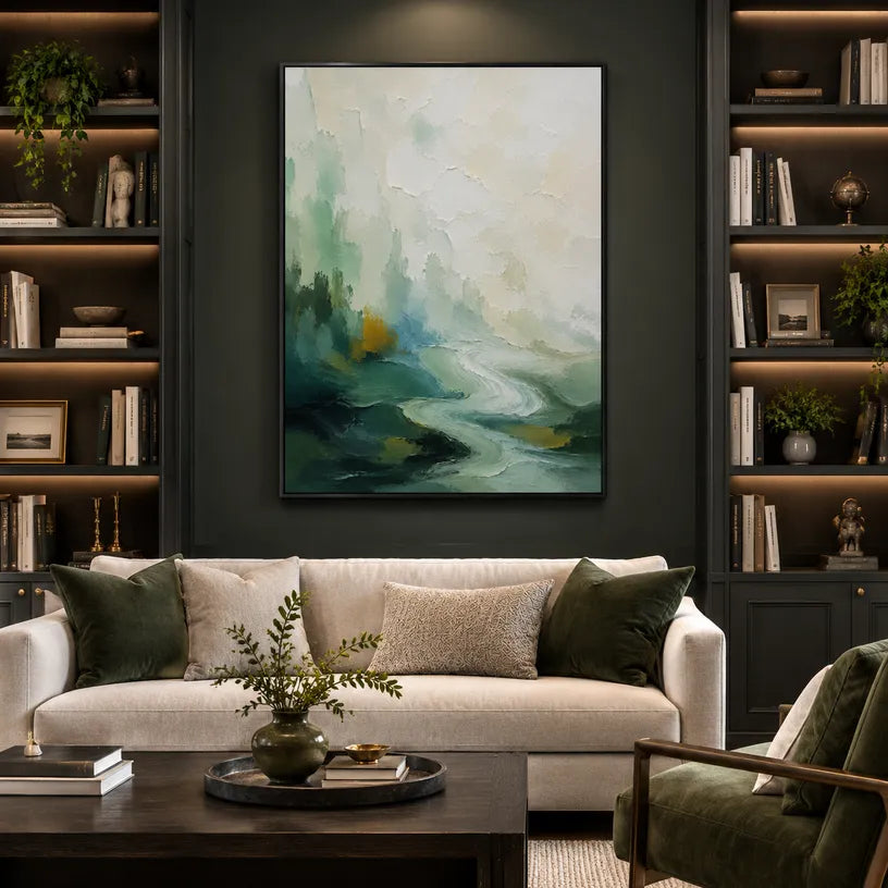 Abstract Expressionist landscapes & seascapes & cityscapes oil painting showing a painterly landscape with distant hills, trees or reflective water in a grey palette.