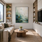 Abstract Expressionist landscapes & seascapes & cityscapes oil painting showing a painterly landscape with distant hills, trees or reflective water in a grey palette.