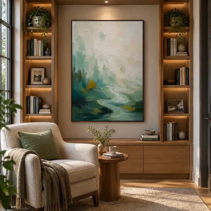 Abstract Expressionist landscapes & seascapes & cityscapes oil painting showing a painterly landscape with distant hills, trees or reflective water in a grey palette.