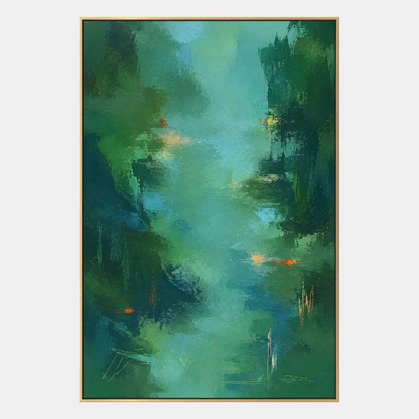 Abstract Expressionist abstract oil painting showing layered abstract marks, texture and expressive painterly movement in a green palette.