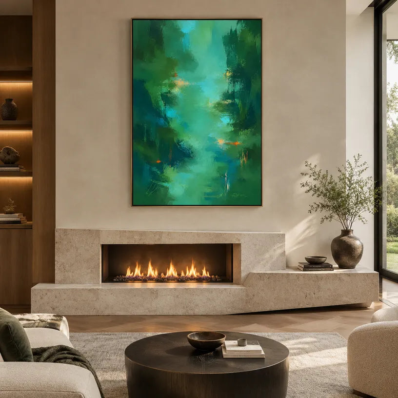 Abstract Expressionist abstract oil painting showing layered abstract marks, texture and expressive painterly movement in a green palette.