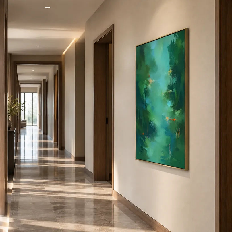 Abstract Expressionist abstract oil painting showing layered abstract marks, texture and expressive painterly movement in a green palette.