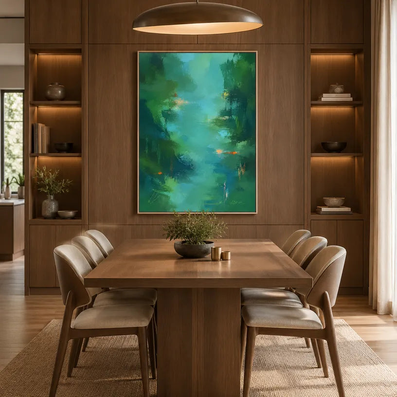 Abstract Expressionist abstract oil painting showing layered abstract marks, texture and expressive painterly movement in a green palette.