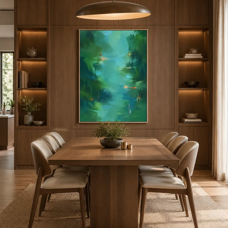 Peinture à l'huile abstraite et conceptuelle d'expressionnisme abstrait présentant des marques abstraites superposées, une texture et un mouvement pictural expressif dans une palette verte.