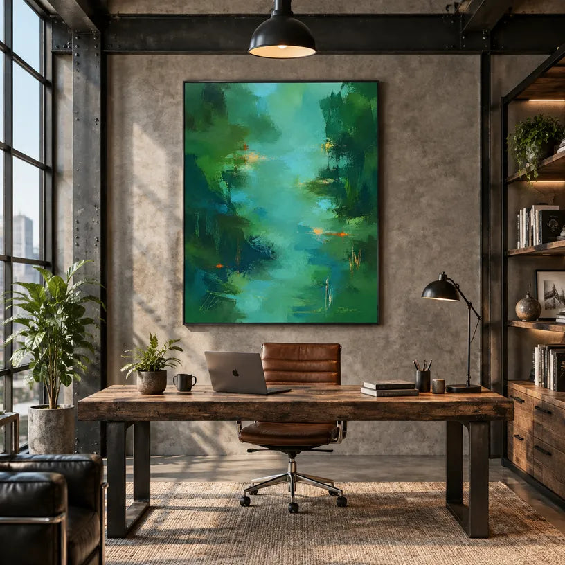 Abstract Expressionist abstract oil painting showing layered abstract marks, texture and expressive painterly movement in a green palette.