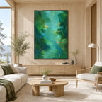 Abstract Expressionist abstract oil painting showing layered abstract marks, texture and expressive painterly movement in a green palette.