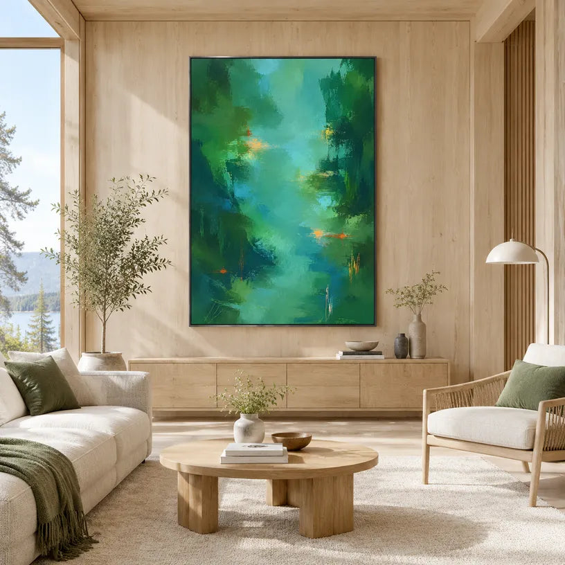 Abstract Expressionist abstract oil painting showing layered abstract marks, texture and expressive painterly movement in a green palette.