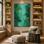 Abstract Expressionist abstract oil painting showing layered abstract marks, texture and expressive painterly movement in a green palette.