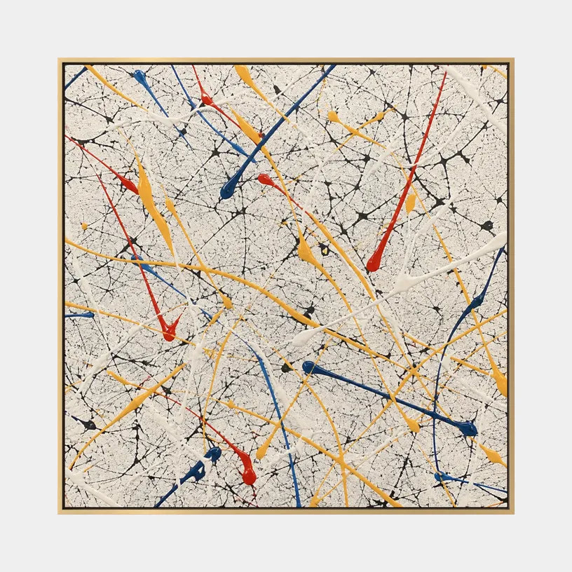 Abstract Expressionist abstract oil painting showing delicate colorful lines and scattered pigment, contemporary wall art.
