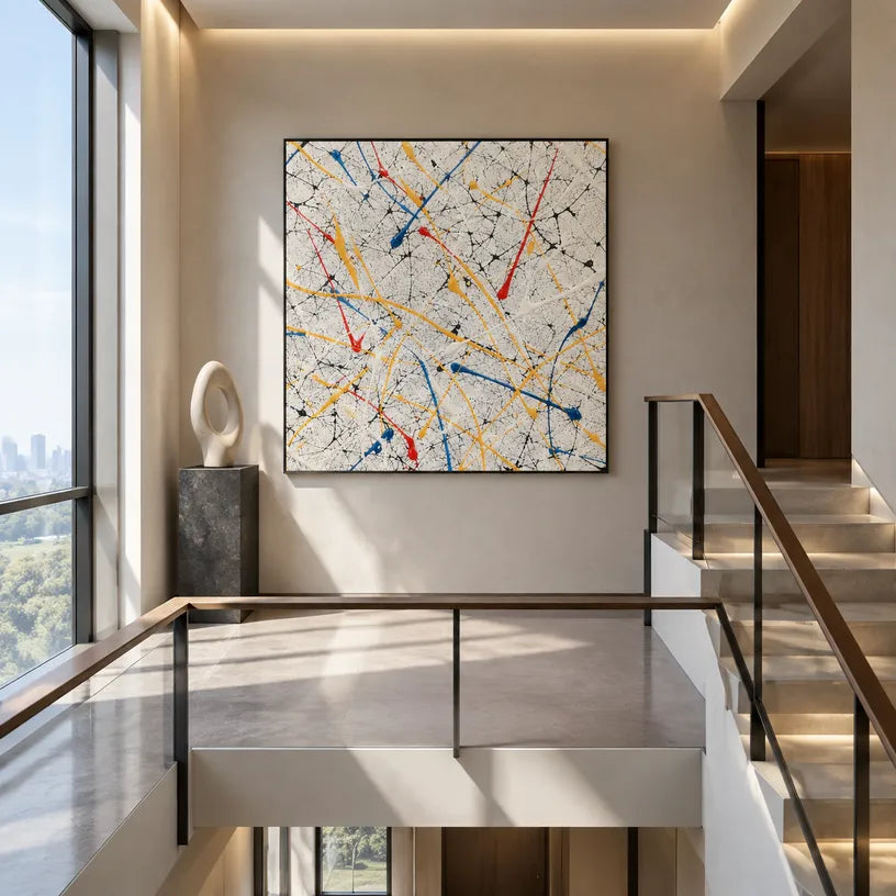 Abstract Expressionist abstract oil painting showing delicate colorful lines and scattered pigment, contemporary wall art.