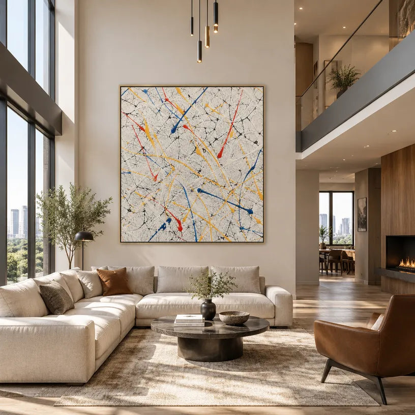 Abstract Expressionist abstract oil painting showing delicate colorful lines and scattered pigment, contemporary wall art.