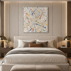 Abstract Expressionist abstract oil painting showing delicate colorful lines and scattered pigment, contemporary wall art.