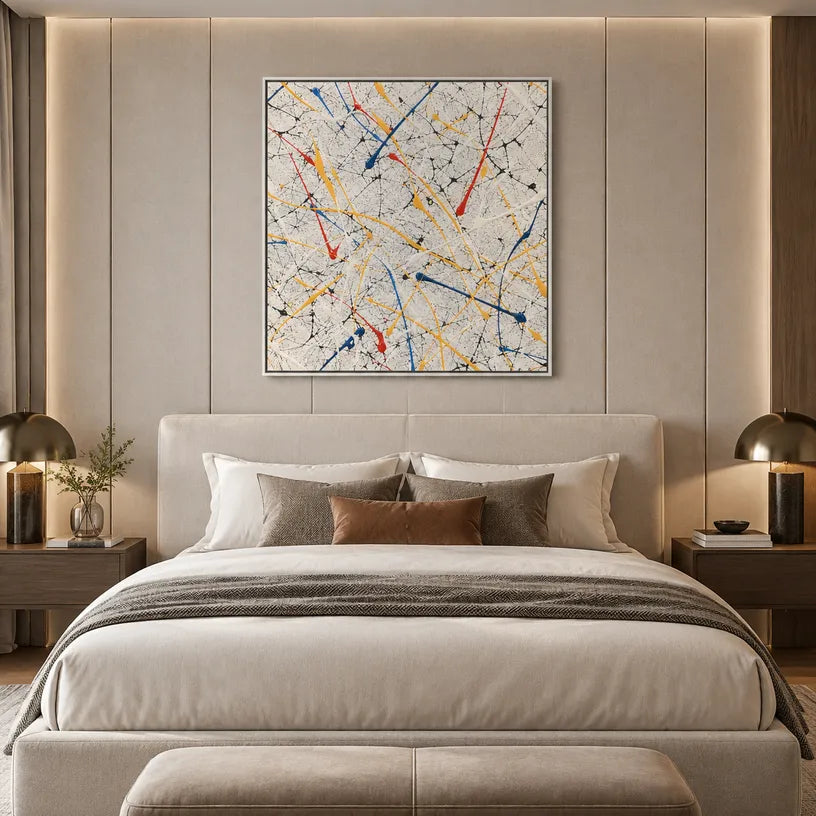Abstract Expressionist abstract oil painting showing delicate colorful lines and scattered pigment, contemporary wall art.