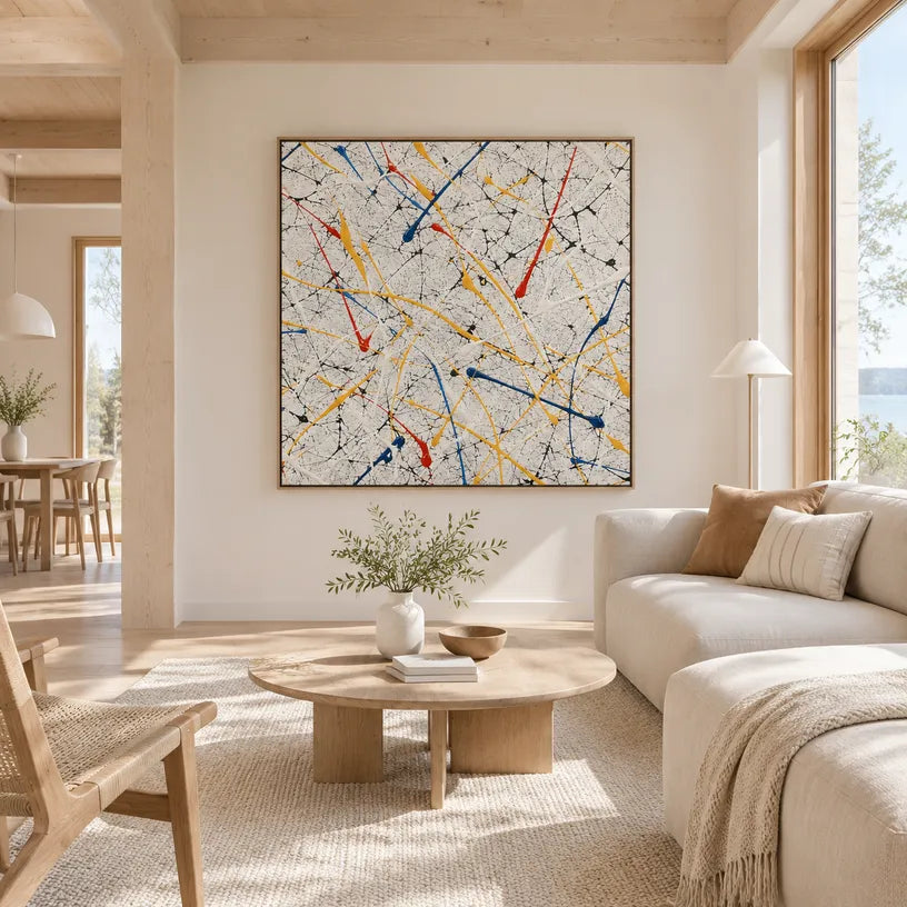 Abstract Expressionist abstract oil painting showing delicate colorful lines and scattered pigment, contemporary wall art.