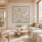 Abstract Expressionist abstract oil painting showing delicate colorful lines and scattered pigment, contemporary wall art.