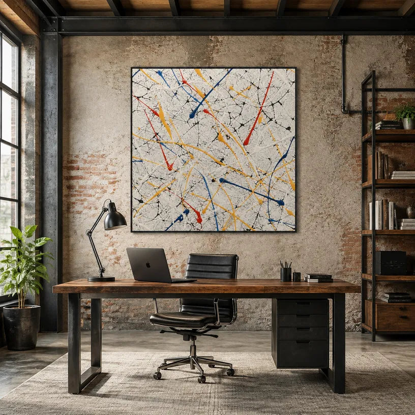 Abstract Expressionist abstract oil painting showing delicate colorful lines and scattered pigment, contemporary wall art.