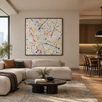 Abstract Expressionist abstract oil painting showing delicate colorful lines and scattered pigment, contemporary wall art.