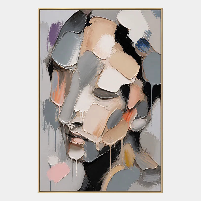 Abstract Expressionist portraiture & figure oil painting showing a monochrome faceted portrait with soft neutral color in a grey palette, contemporary wall art.