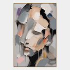 Abstract Expressionist portraiture & figure oil painting showing a monochrome faceted portrait with soft neutral color in a grey palette, contemporary wall art.