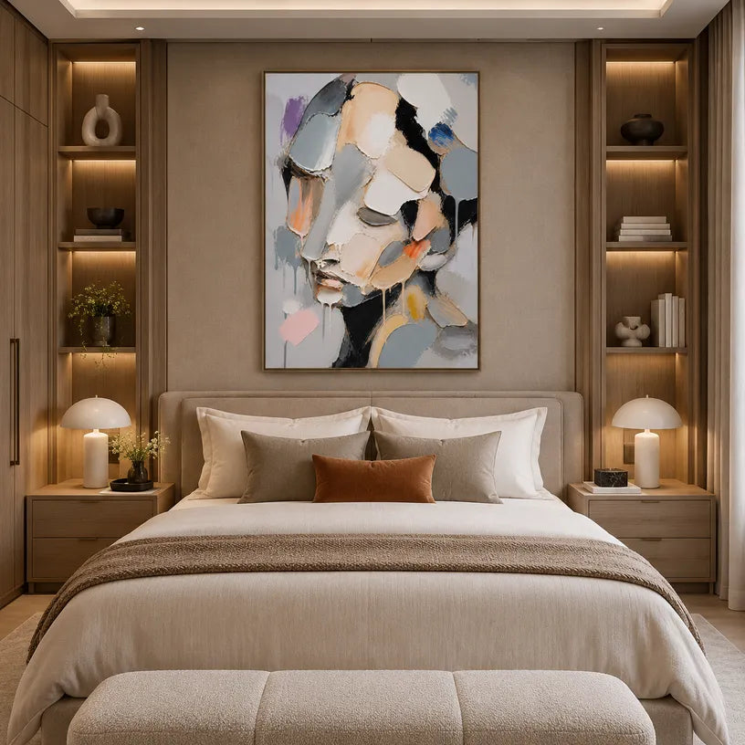Abstract Expressionist portraiture & figure oil painting showing a monochrome faceted portrait with soft neutral color in a grey palette, contemporary wall art.