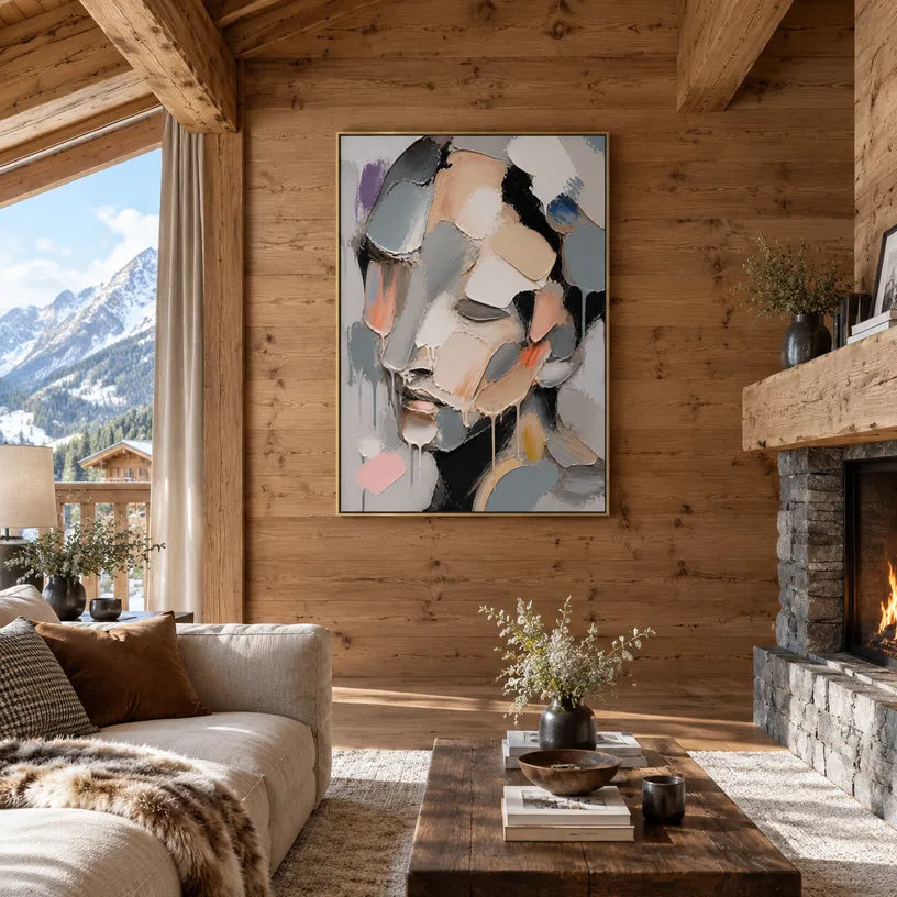 Abstract Expressionist portraiture & figure oil painting showing a monochrome faceted portrait with soft neutral color in a grey palette, contemporary wall art.