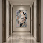 Abstract Expressionist portraiture & figure oil painting showing a monochrome faceted portrait with soft neutral color in a grey palette, contemporary wall art.