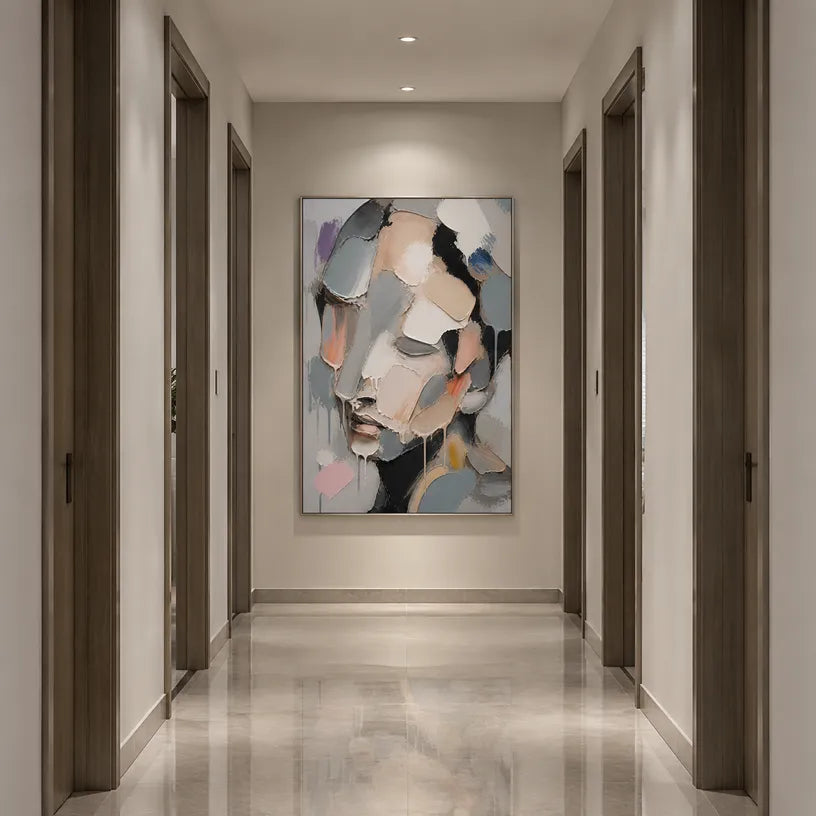 Abstract Expressionist portraiture & figure oil painting showing a monochrome faceted portrait with soft neutral color in a grey palette, contemporary wall art.