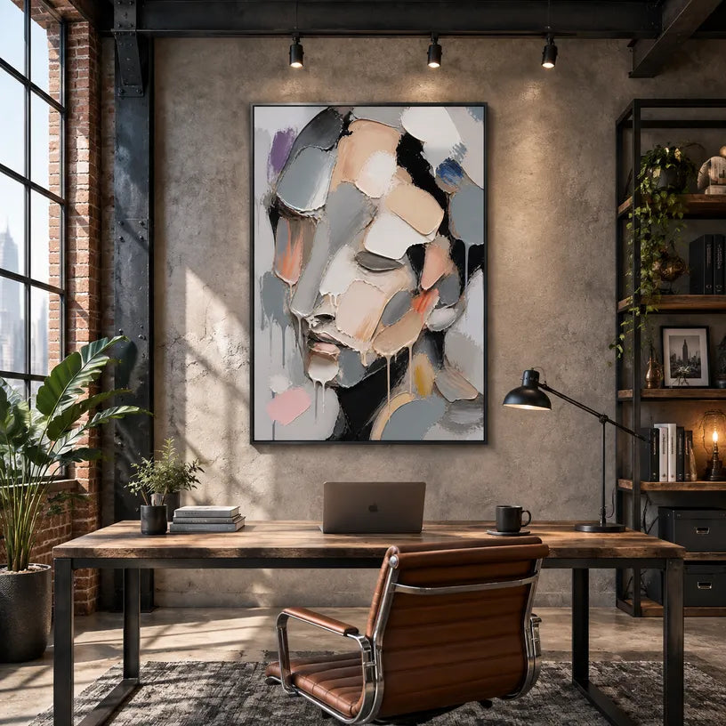 Abstract Expressionist portraiture & figure oil painting showing a monochrome faceted portrait with soft neutral color in a grey palette, contemporary wall art.