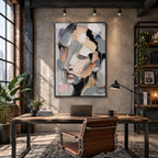 Abstract Expressionist portraiture & figure oil painting showing a monochrome faceted portrait with soft neutral color in a grey palette, contemporary wall art.