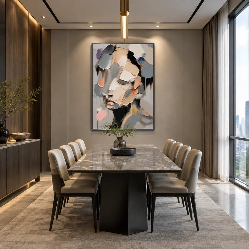 Abstract Expressionist portraiture & figure oil painting showing a monochrome faceted portrait with soft neutral color in a grey palette, contemporary wall art.
