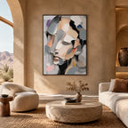 Abstract Expressionist portraiture & figure oil painting showing a monochrome faceted portrait with soft neutral color in a grey palette, contemporary wall art.