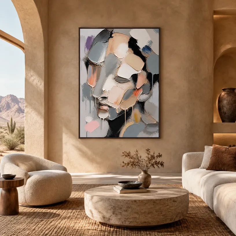 Abstract Expressionist portraiture & figure oil painting showing a monochrome faceted portrait with soft neutral color in a grey palette, contemporary wall art.