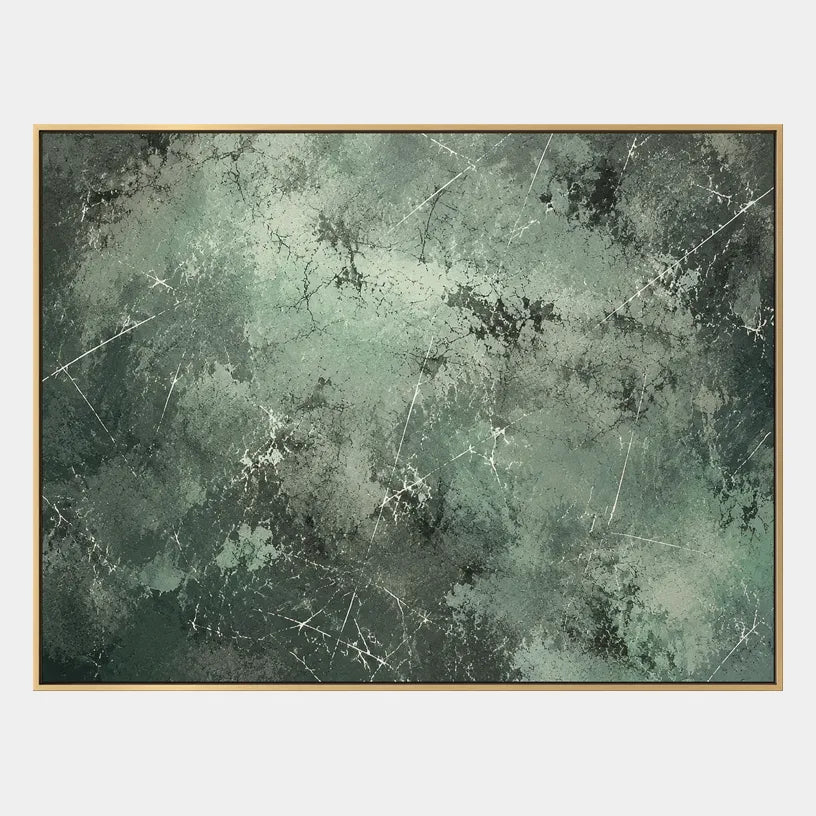 Abstract Expressionist abstract oil painting showing layered abstract marks, texture and expressive painterly movement in a green palette.