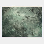 Abstract Expressionist abstract oil painting showing layered abstract marks, texture and expressive painterly movement in a green palette.