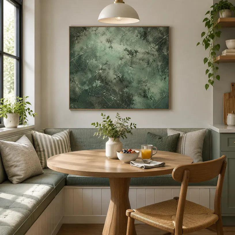 Abstract Expressionist abstract oil painting showing layered abstract marks, texture and expressive painterly movement in a green palette.