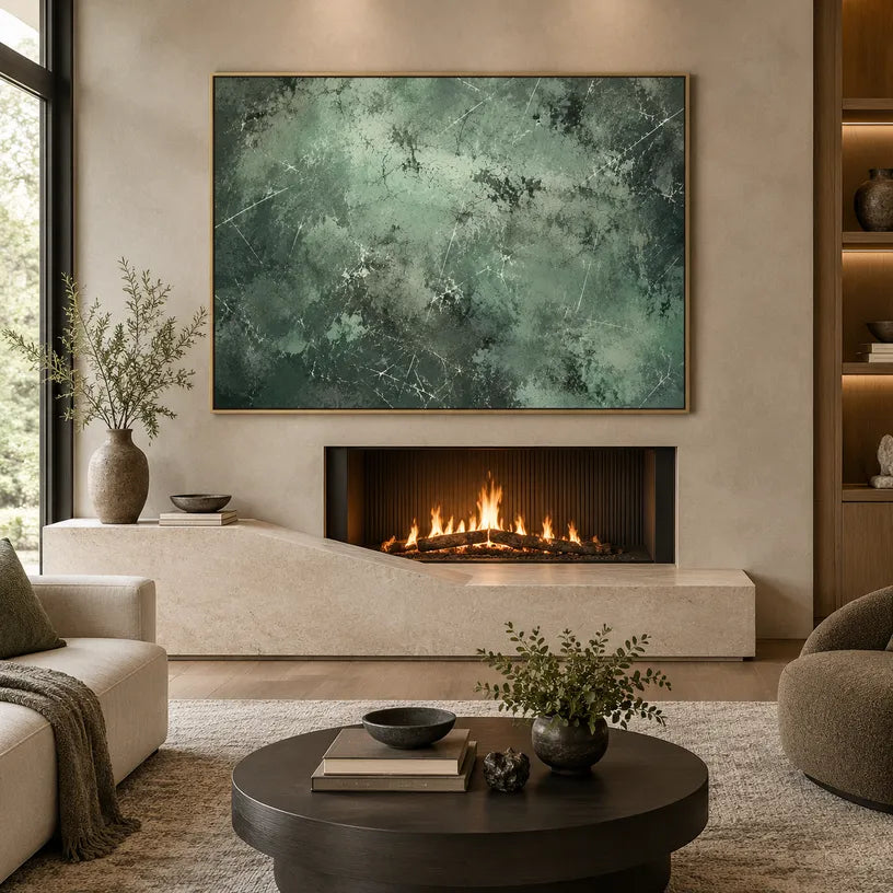 Abstract Expressionist abstract oil painting showing layered abstract marks, texture and expressive painterly movement in a green palette.