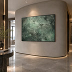 Abstract Expressionist abstract oil painting showing layered abstract marks, texture and expressive painterly movement in a green palette.