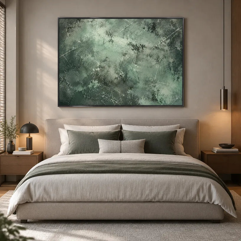 Abstract Expressionist abstract oil painting showing layered abstract marks, texture and expressive painterly movement in a green palette.