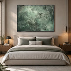 Abstract Expressionist abstract oil painting showing layered abstract marks, texture and expressive painterly movement in a green palette.