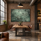 Abstract Expressionist abstract oil painting showing layered abstract marks, texture and expressive painterly movement in a green palette.