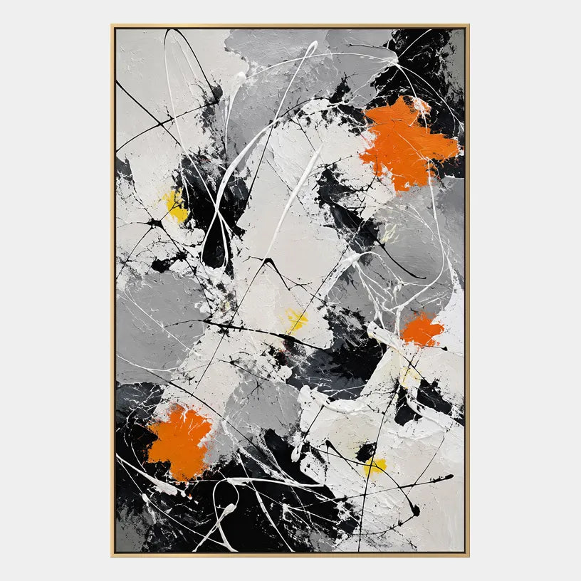 Abstract Expressionist abstract oil painting showing black and white linear abstraction with orange accents, contemporary wall art.