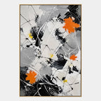 Abstract Expressionist abstract oil painting showing black and white linear abstraction with orange accents, contemporary wall art.