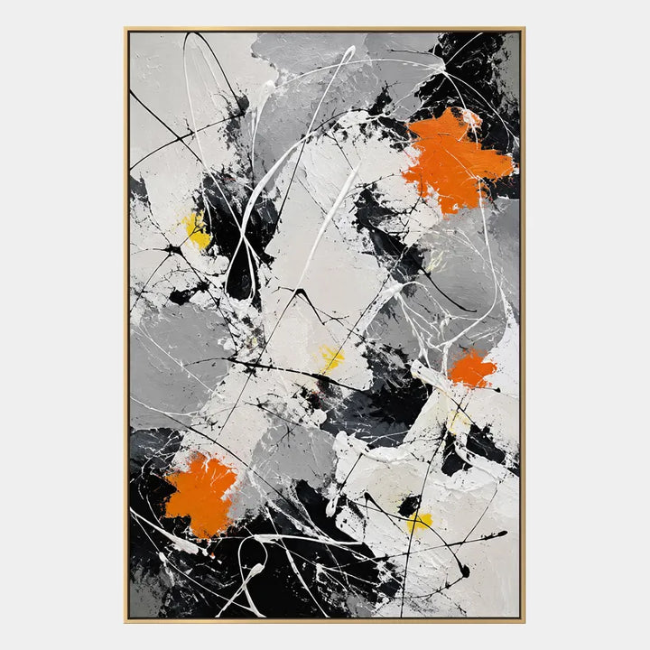 Peinture à l'huile abstraite et conceptuelle d'expressionnisme abstrait présentant des marques abstraites superposées, une texture et un mouvement pictural expressif dans une palette grise.